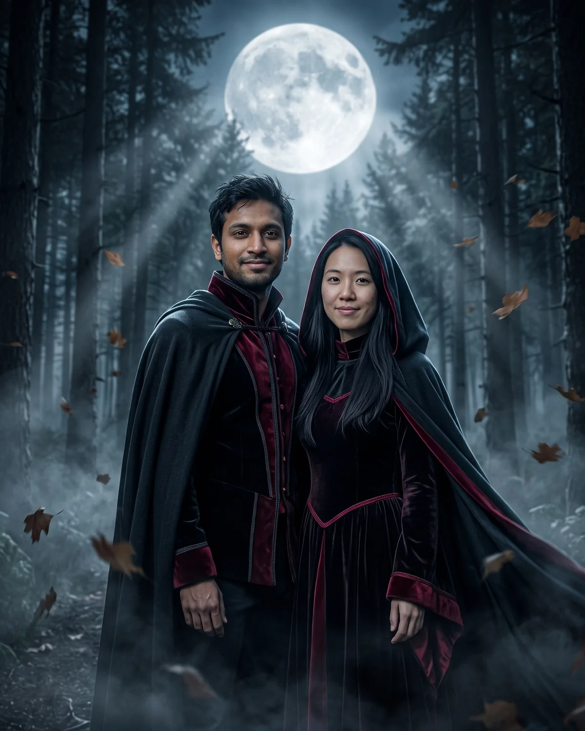 Moonlit gothic romance couple in dark velvet cloaks with crimson trim standing in a misty pine forest under a huge full moon.