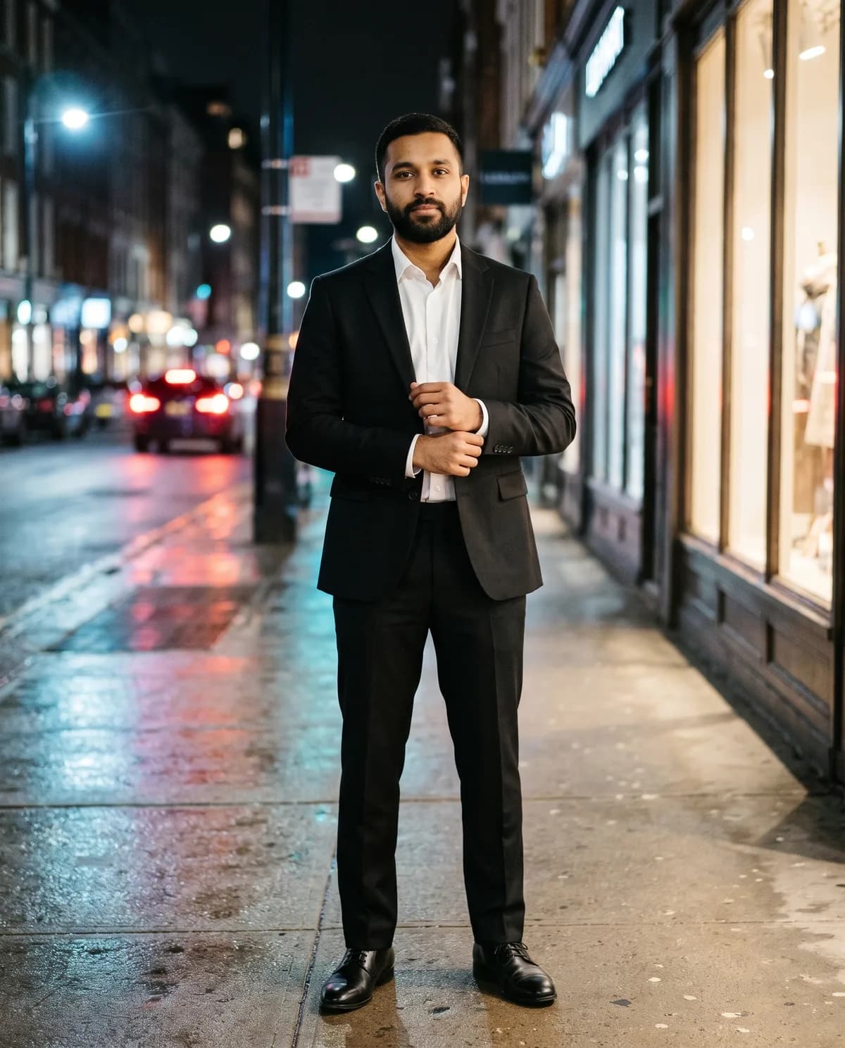 AI edit created with Black Suit City Night AI Photo Prompt for Men.