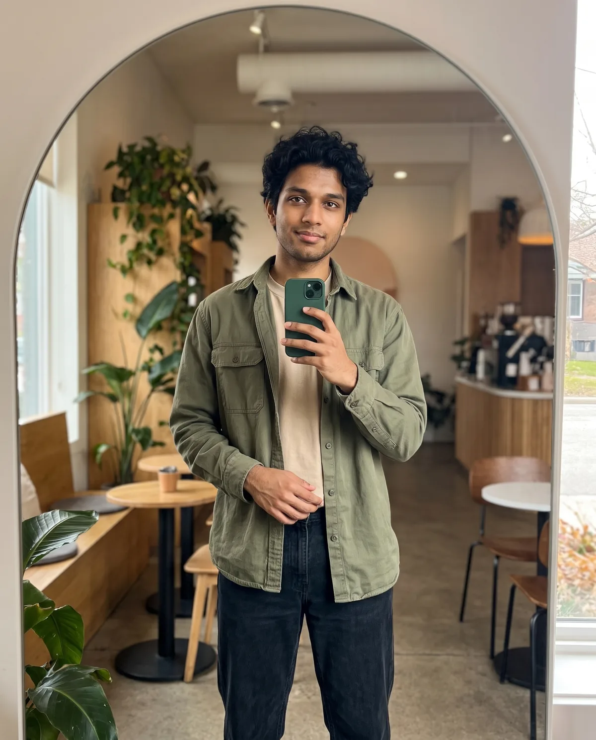 AI edit created with Modern Cafe Mirror Selfie AI Photo Prompt for Boys.