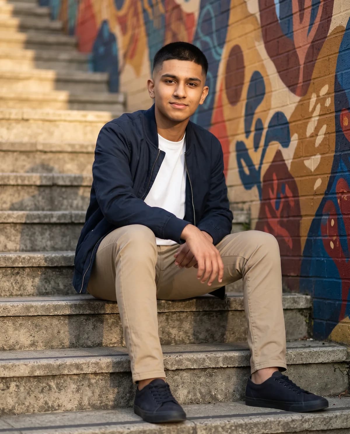 AI edit created with Stylish Boy Outdoor Stairs Mural AI Photo Prompt.