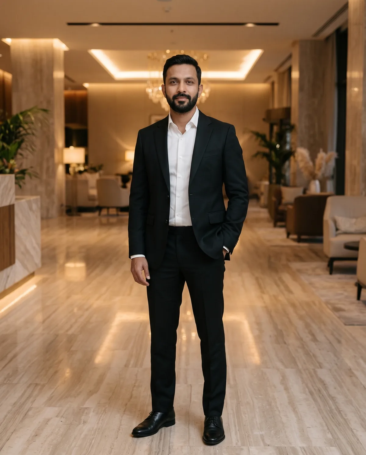 AI edit created with Black Suit Lobby Luxury AI Photo Prompt for Men.