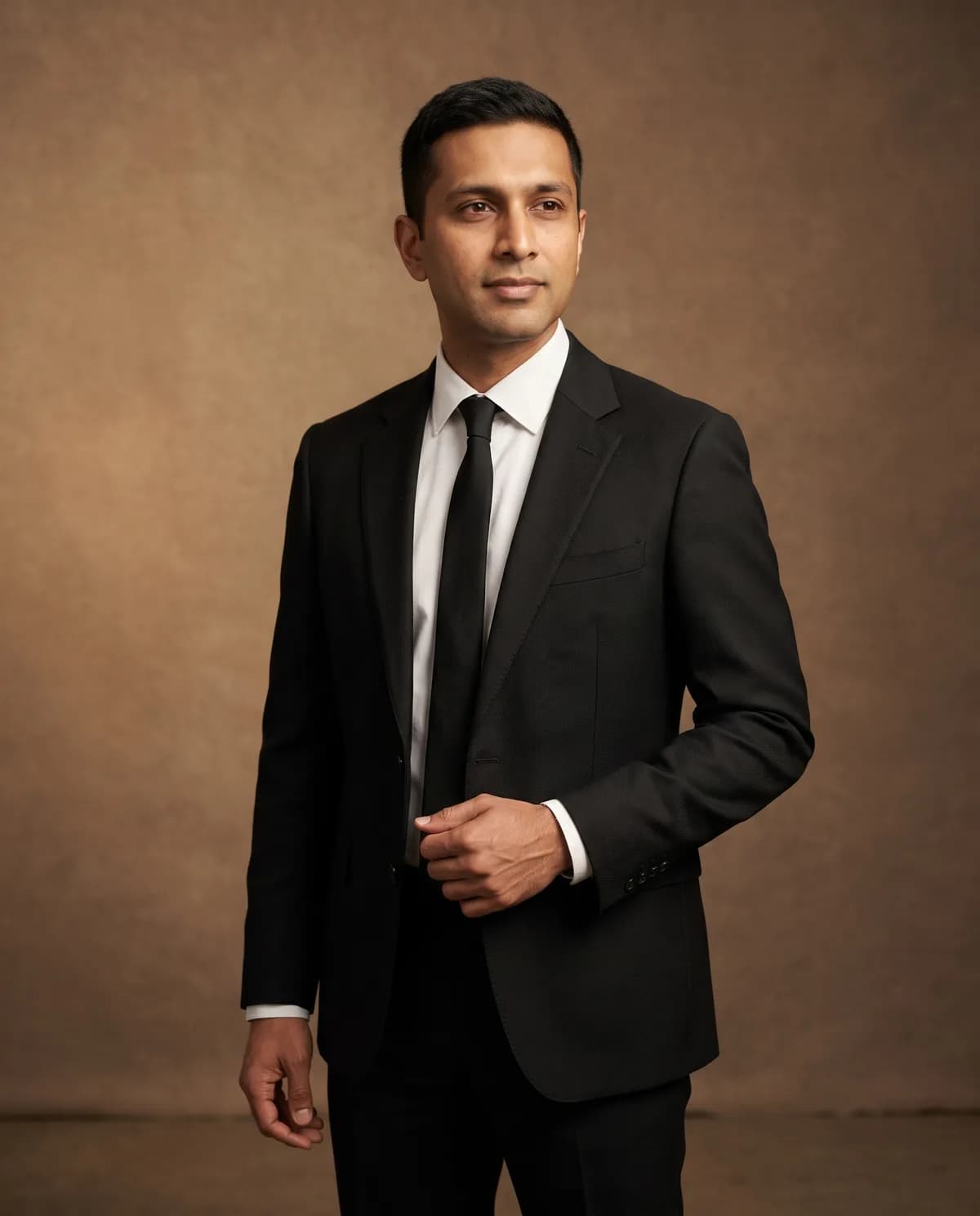 AI edit created with Men Black Suit Three-Quarter Luxury AI Photo Prompt.