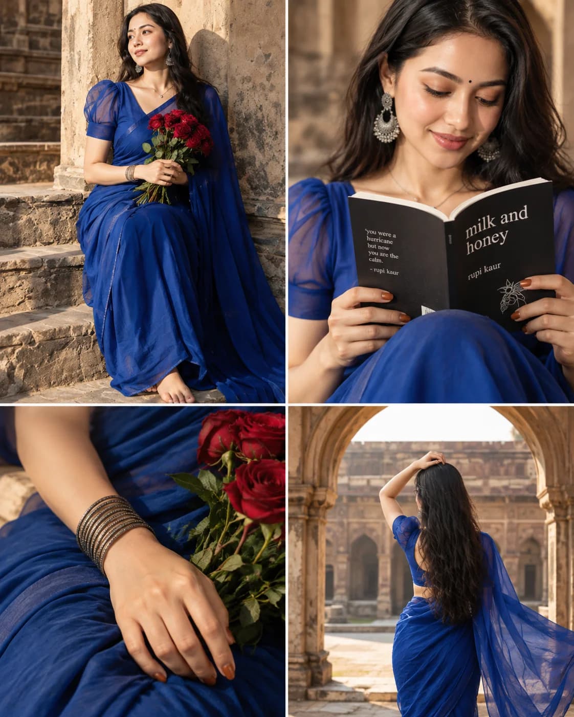 Royal Blue Saree AI Photo Prompt (Courtyard Storyboard) AI photo result