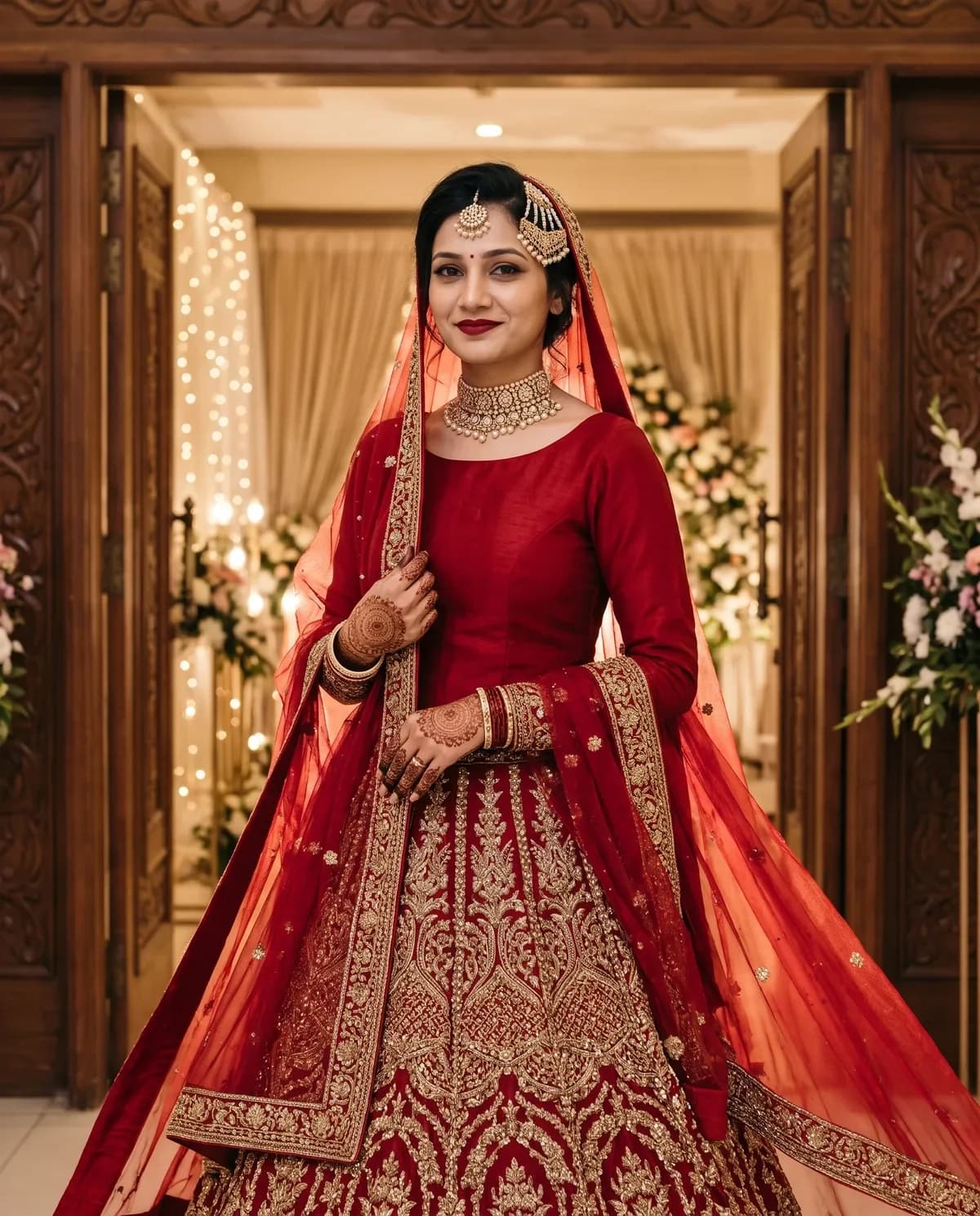 Bride in a deep-red zardozi bridal lehenga with dupatta and kundan set after a bridal lehenga AI prompt.