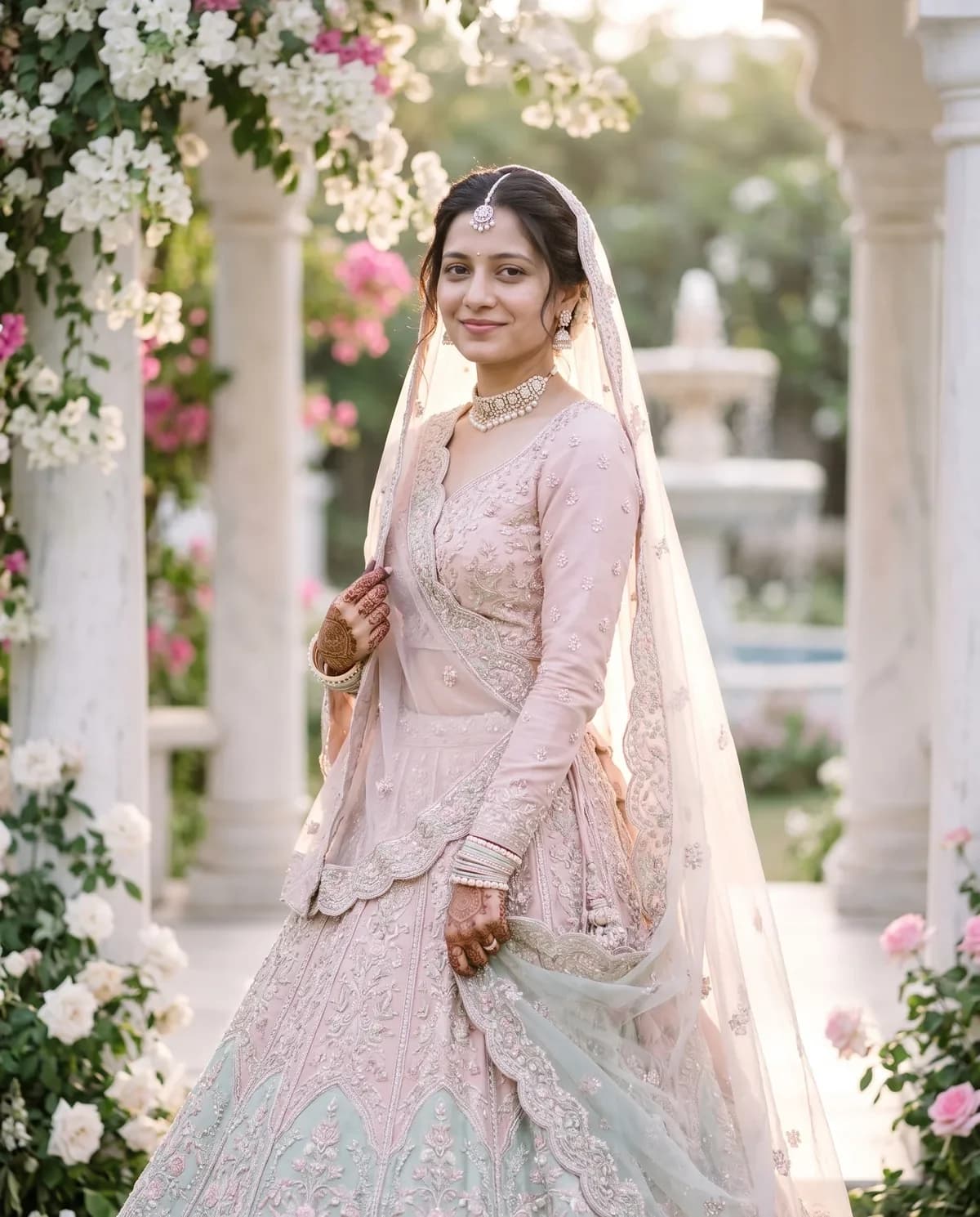 Bride in a blush pastel bridal lehenga with pearl choker after a girl wedding dress prompt.