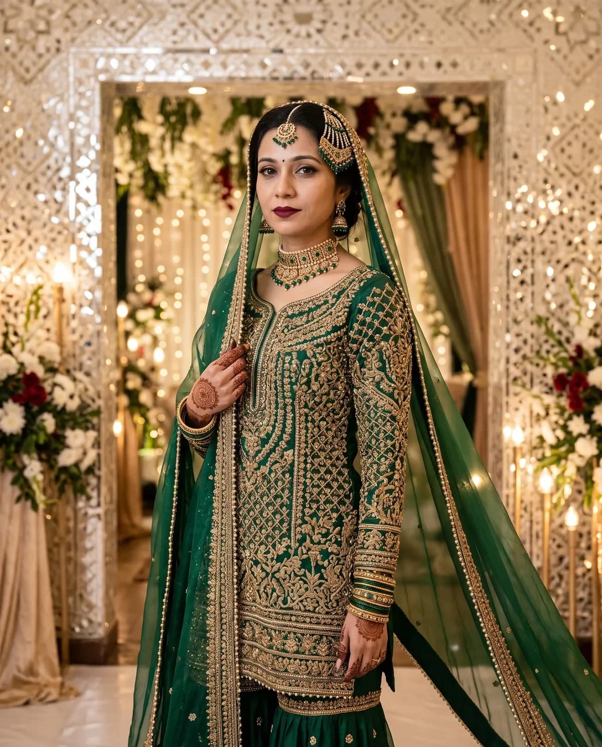 Bride in a maroon gota-work bridal sharara seated in a haveli after a bridal look AI prompt.