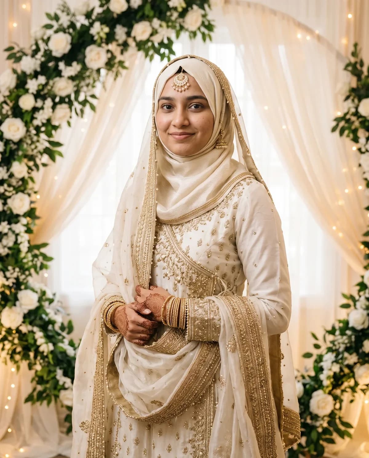 Bride in a modest ivory-and-gold nikah outfit with sheer dupatta after a bridal look AI prompt.