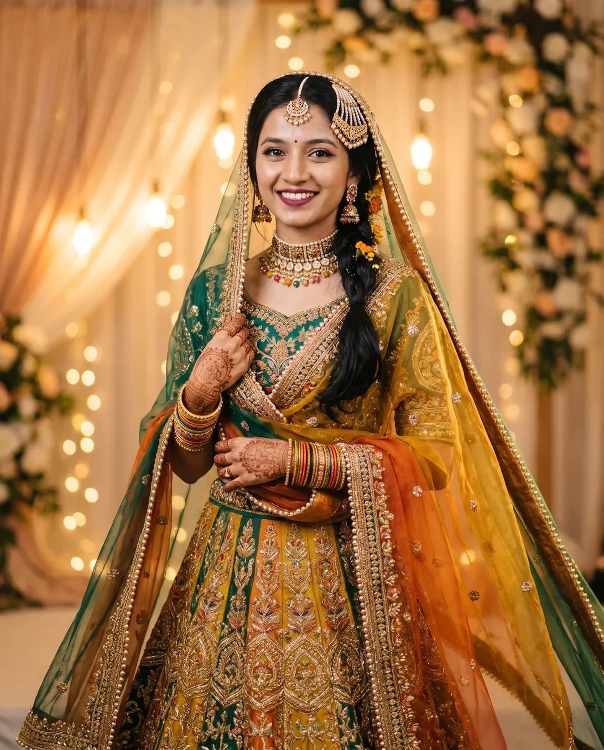 Bride in a mustard-green mehndi gharara with floral jewellery after a wedding outfit AI prompt.