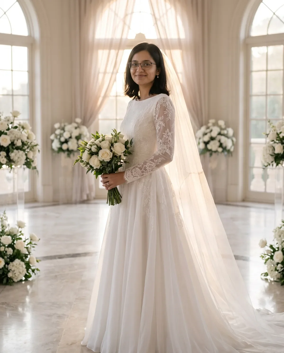 Bride in a modest long-sleeve lace white wedding gown and veil after a wedding gown AI prompt.