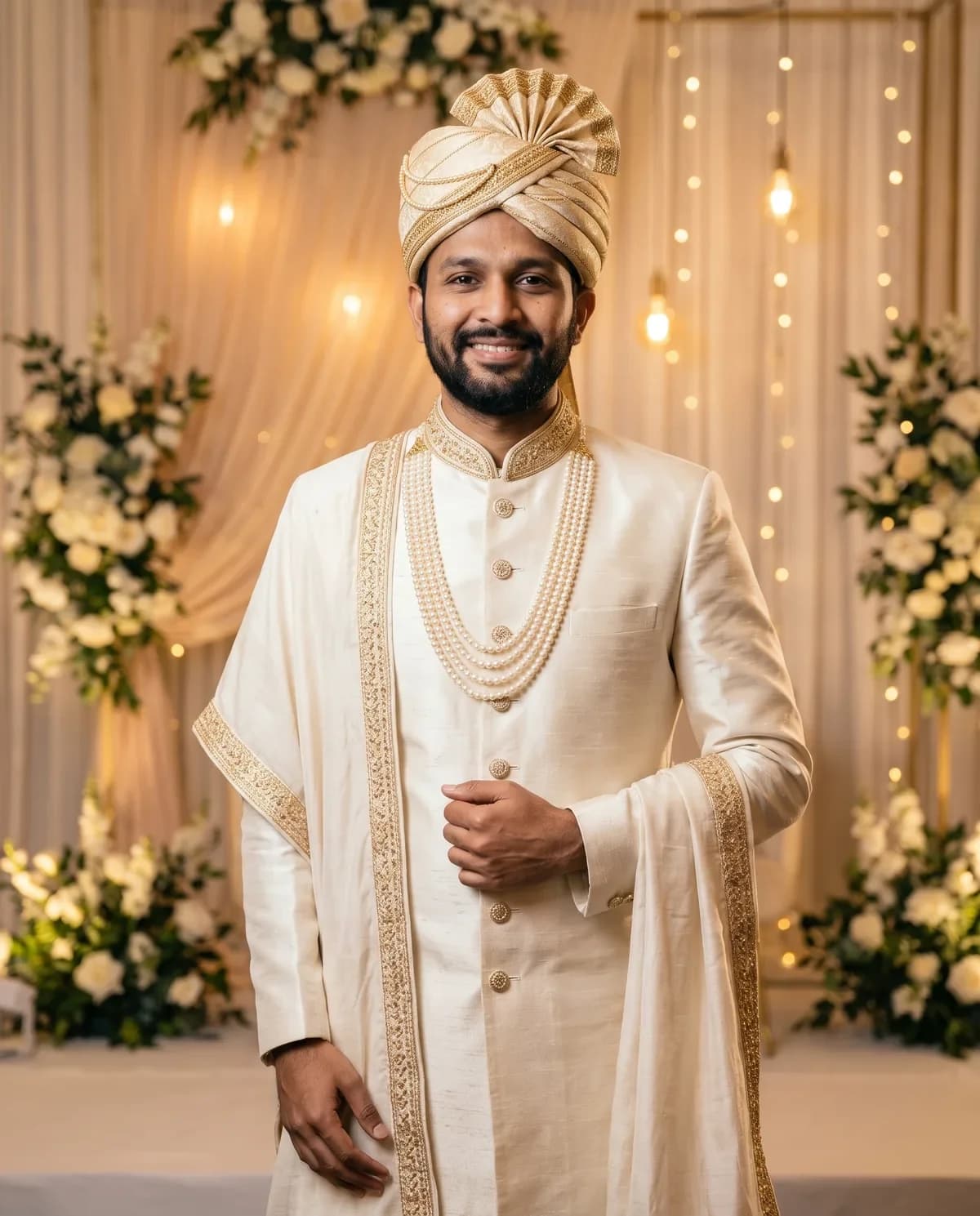 Groom in an ivory zardozi sherwani with kulla after a sherwani AI prompt.