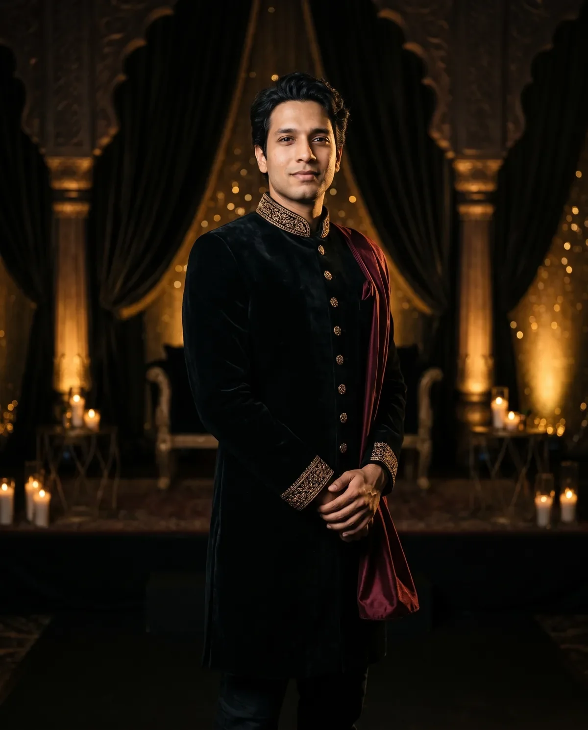 Groom in a black velvet sherwani with gold buttons after a sherwani AI prompt.
