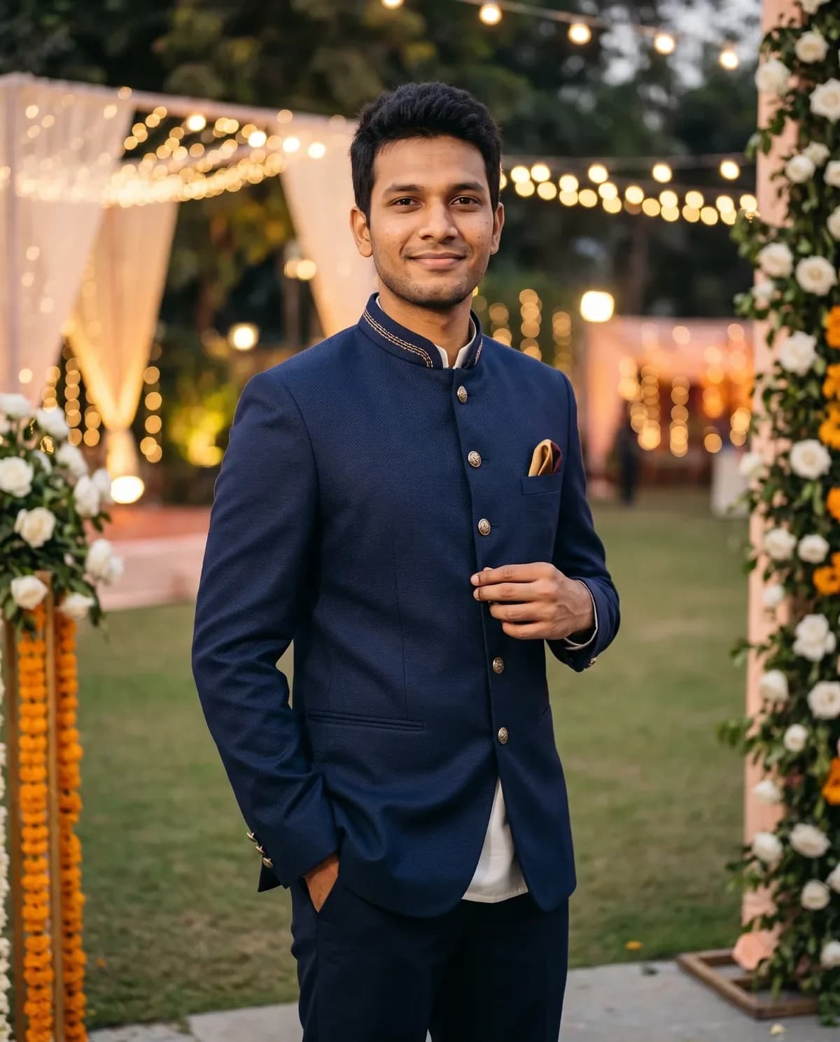 Groom in a navy prince coat over a kurta after a wedding dress prompt for men.