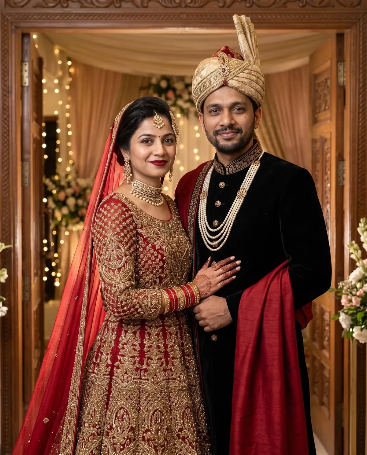 Couple in coordinated maroon lehenga and ivory sherwani after a couple wedding dress AI prompt.