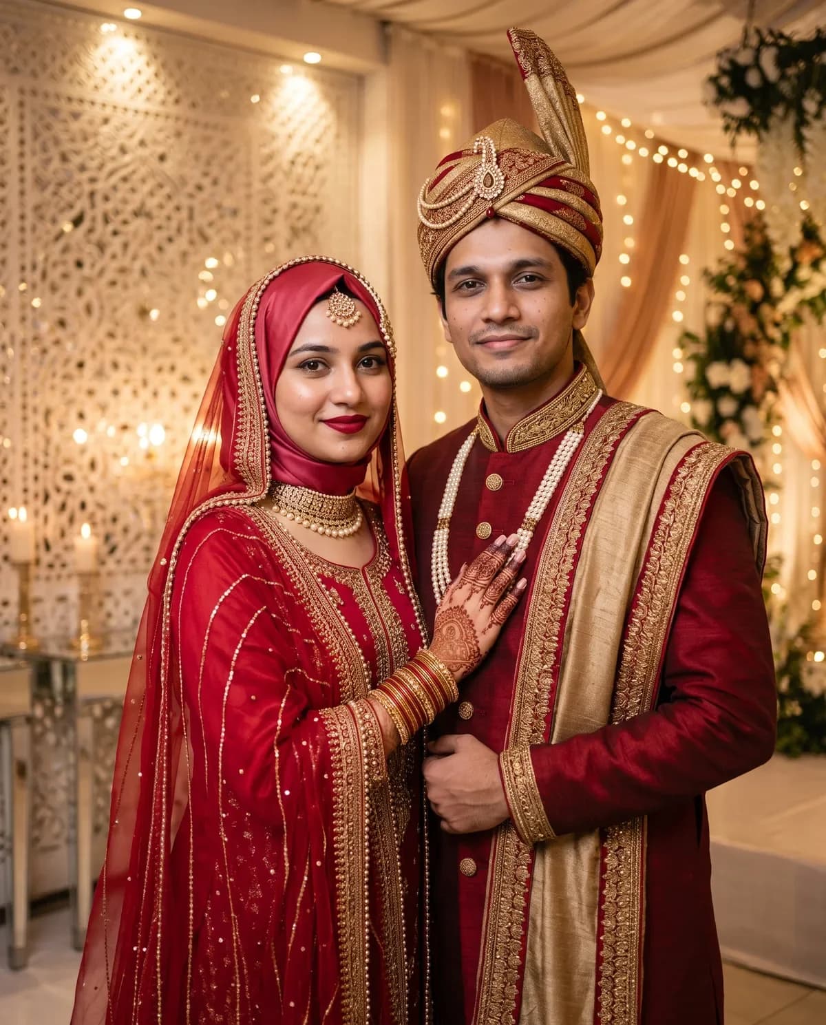 Dulha and dulhan in red lehenga and gold sherwani after a dulha dulhan AI prompt.