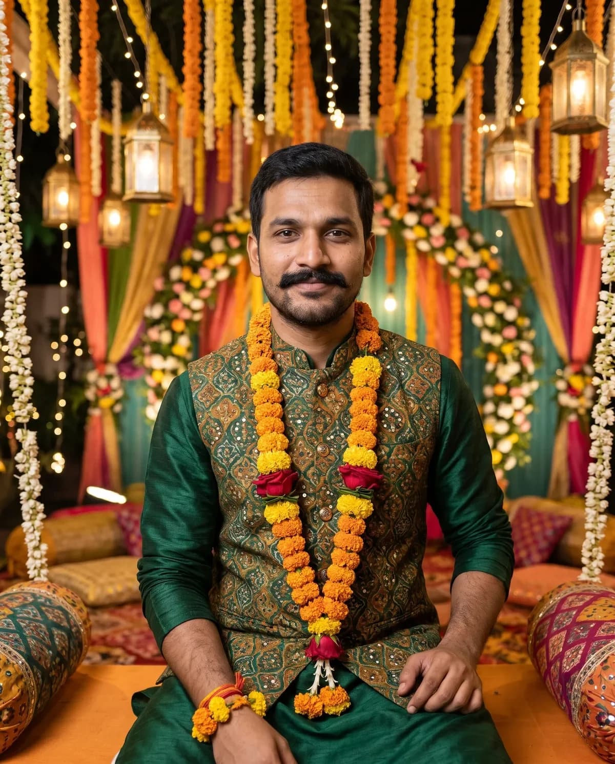 Groom in a mustard-green mehndi kurta with floral mala after a wedding outfit AI prompt.