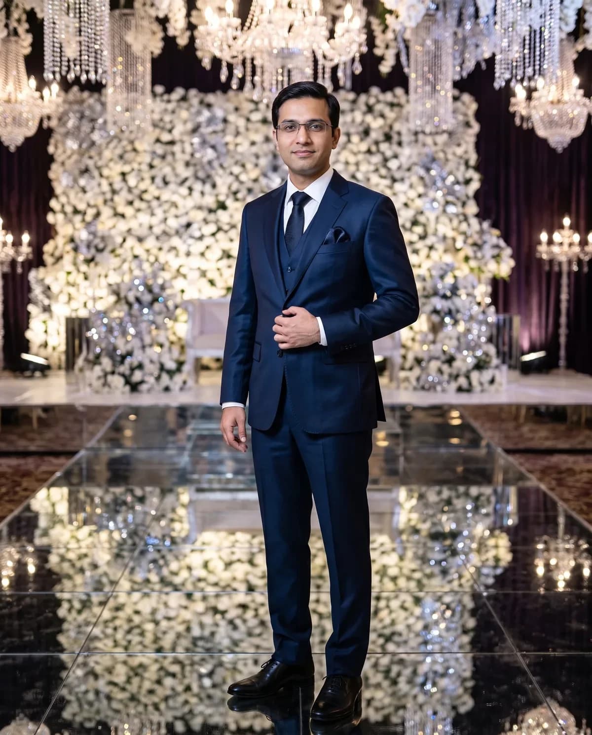 Groom in a midnight-blue three-piece walima suit after a wedding dress AI prompt for men.