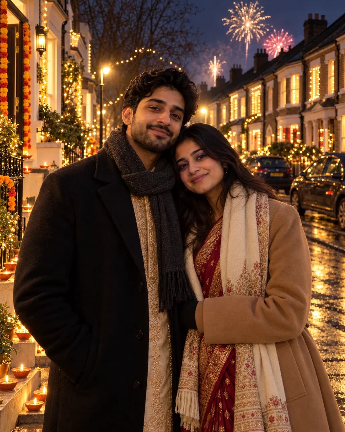 Diwali Abroad AI Photo Prompt for Gemini (Winter Coats) AI photo result