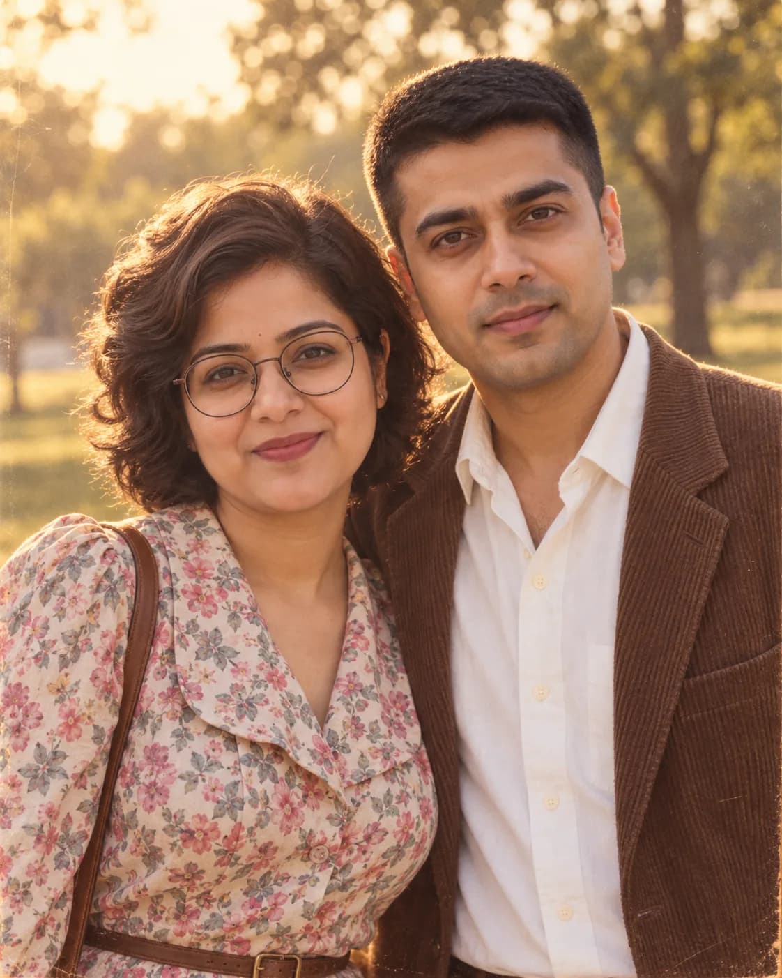 AI edit of that portrait into a 1980s outdoor couple photo in a park at golden hour.