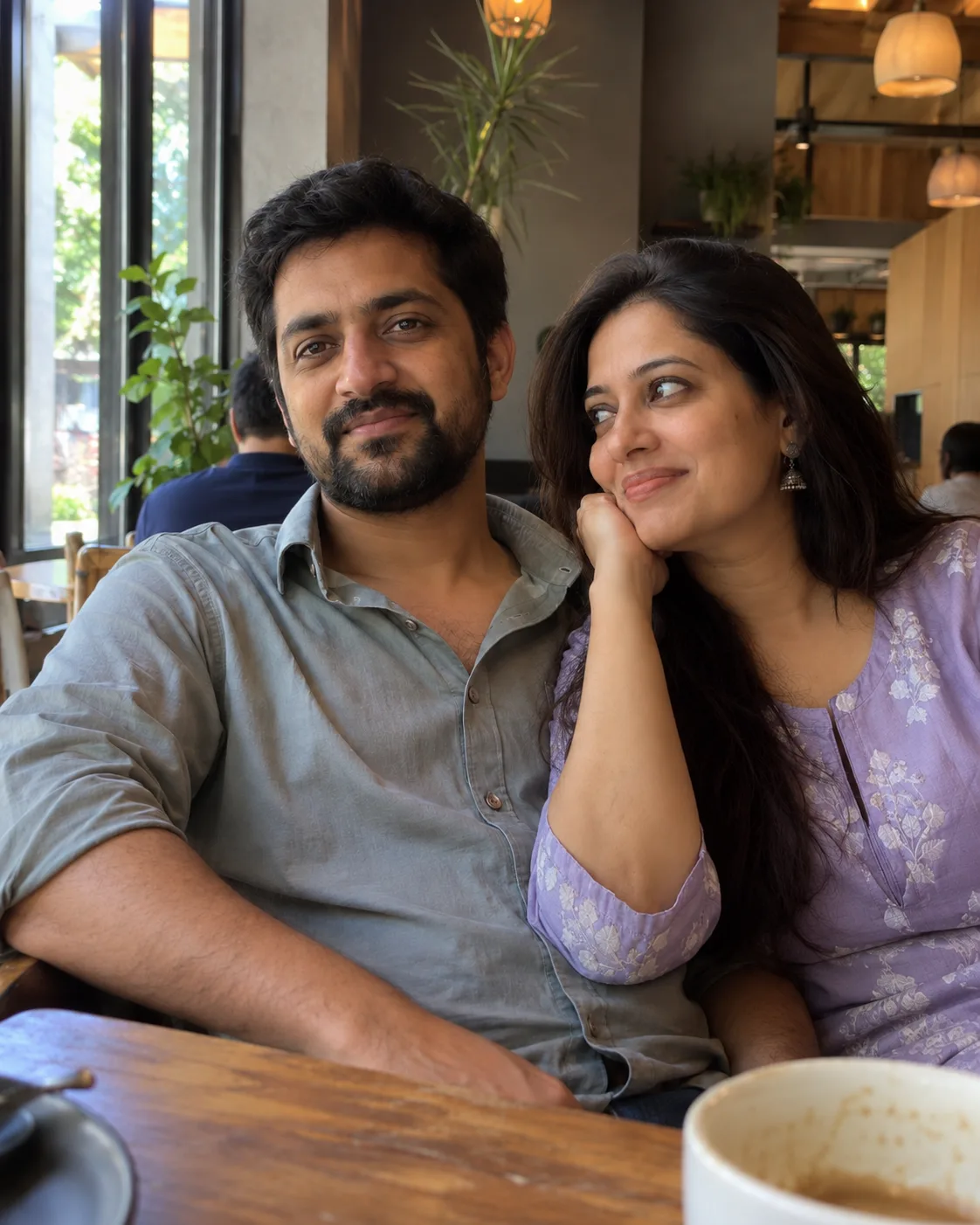 Couple at a cafe window table with plain cups, warm interior.