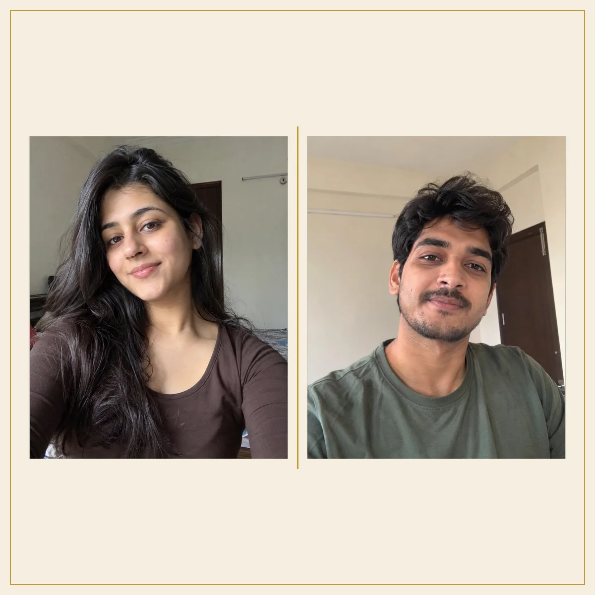 The two original photos of the couple side by side on cream paper with a thin gold divider.
