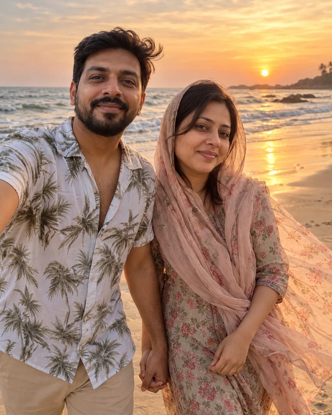 Couple walking hand in hand on a beach at sunset, her dupatta in the breeze.