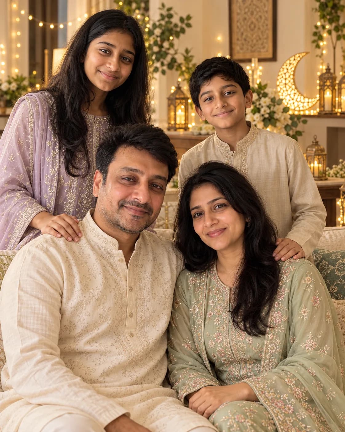 Family of four in festive clothes, parents seated with the children standing behind them, string lights and crescent lanterns.