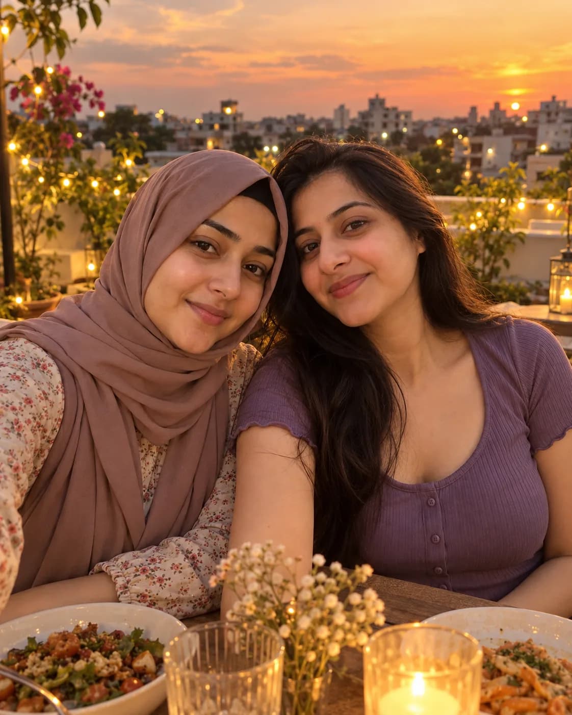 Two friends at a rooftop dinner table at dusk with fairy lights and a blurred skyline.