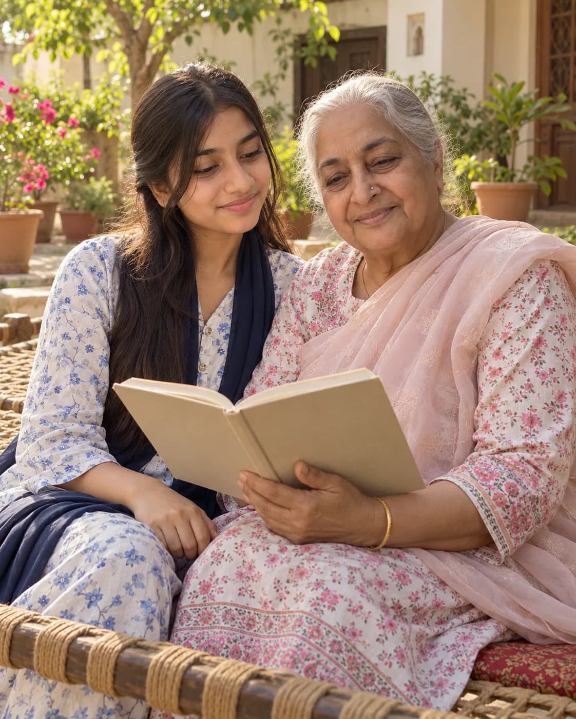Grandmother and teen granddaughter seated on a charpai in a sunny courtyard, the grandmother holding a plain book.
