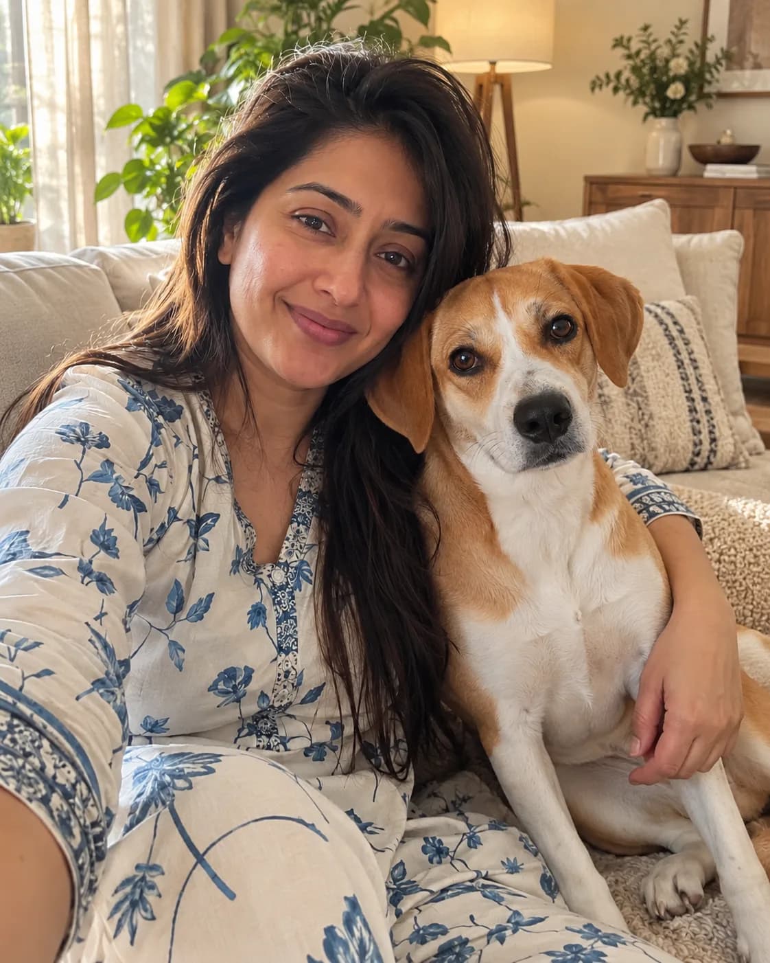 Woman on a sofa with a brown-and-white dog leaning on her shoulder.