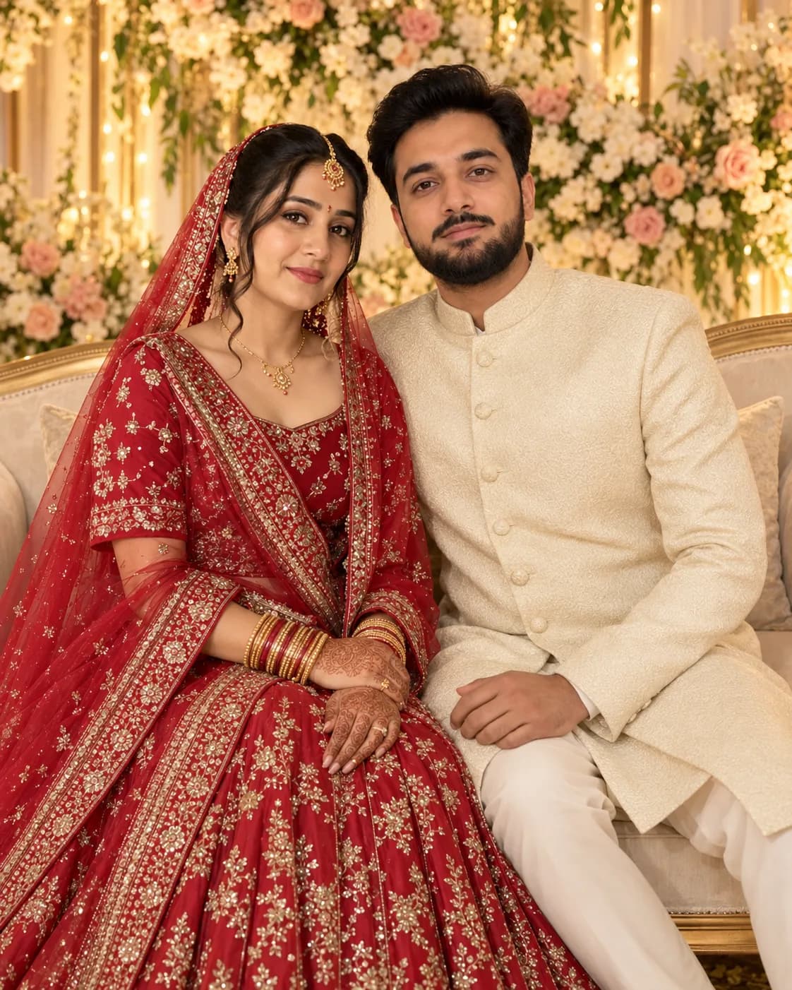 Couple on a cream sofa before white and blush flowers with fairy lights.