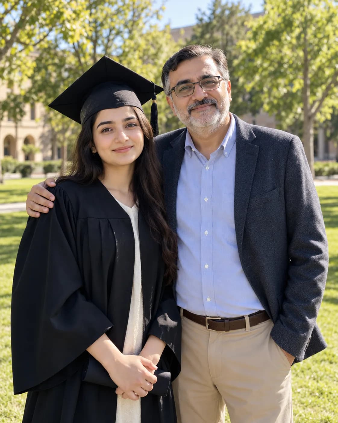 Graduate beside her parent on a sunny campus lawn, his arm at her shoulder.