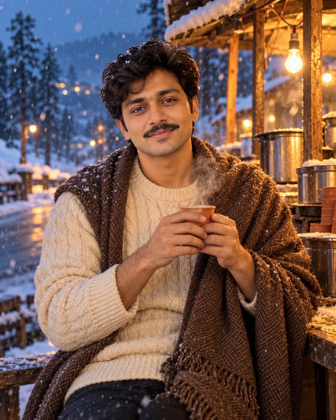 AI result showing Snowfall Chai Winter AI Photo Prompt for Boys