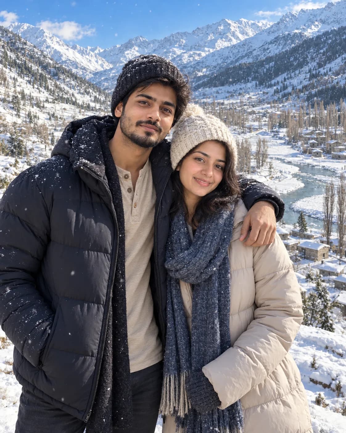 Two friends in puffer jackets and wool caps on a snowy northern valley with a frozen river.