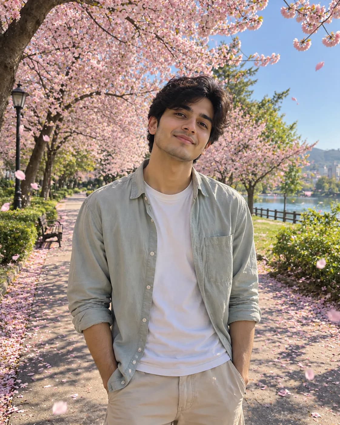 Young man with dark hair in an open sage-green shirt over a white tee and beige trousers on a cherry-blossom park path by a lake.