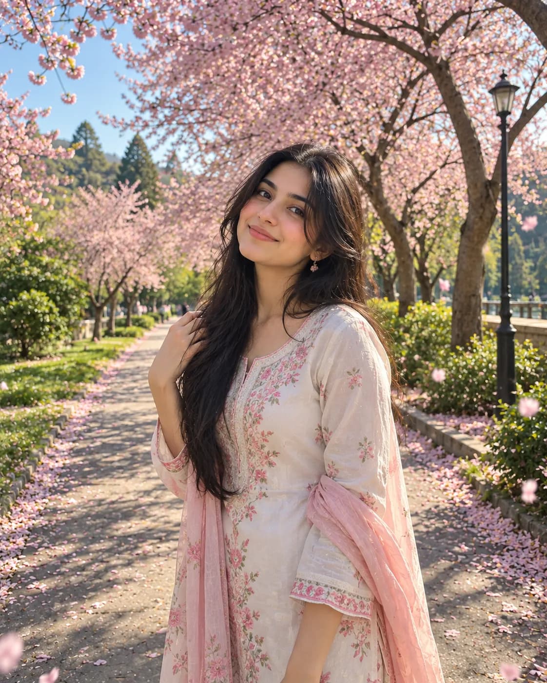 Young woman with long dark hair in a cream floral-embroidered kurta and pink dupatta on a cherry-blossom path with a lamppost.