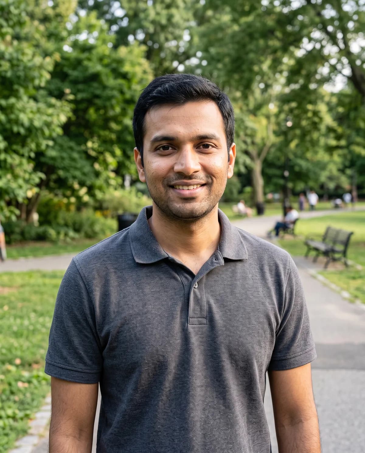 South Asian man with short dark hair and light stubble in a charcoal polo shirt, smiling in a park with benches.