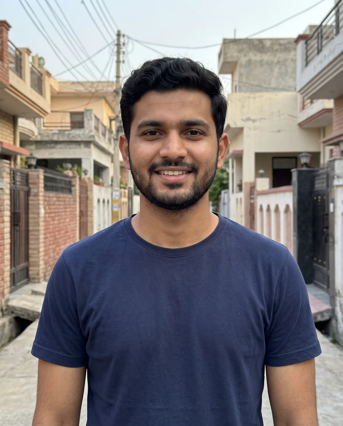 Young South Asian man with short wavy hair and a short beard in a navy t-shirt, smiling in a residential lane with brick houses and overhead wires.
