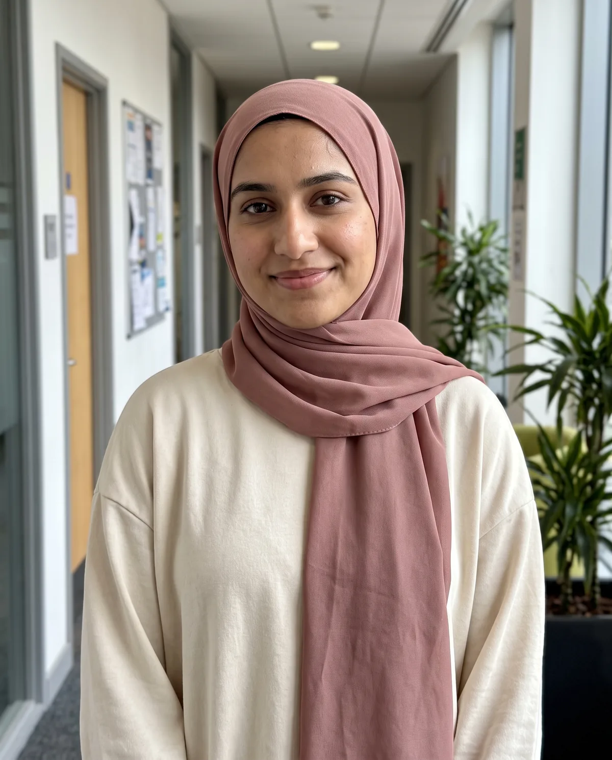 Young South Asian woman in a dusty-rose hijab and cream long-sleeve top, smiling softly in an office corridor with plants.