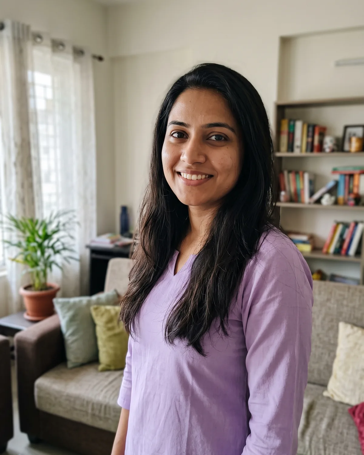 South Asian woman with long dark hair in a lavender cotton kurti, smiling in a home living room with a sofa and bookshelves.