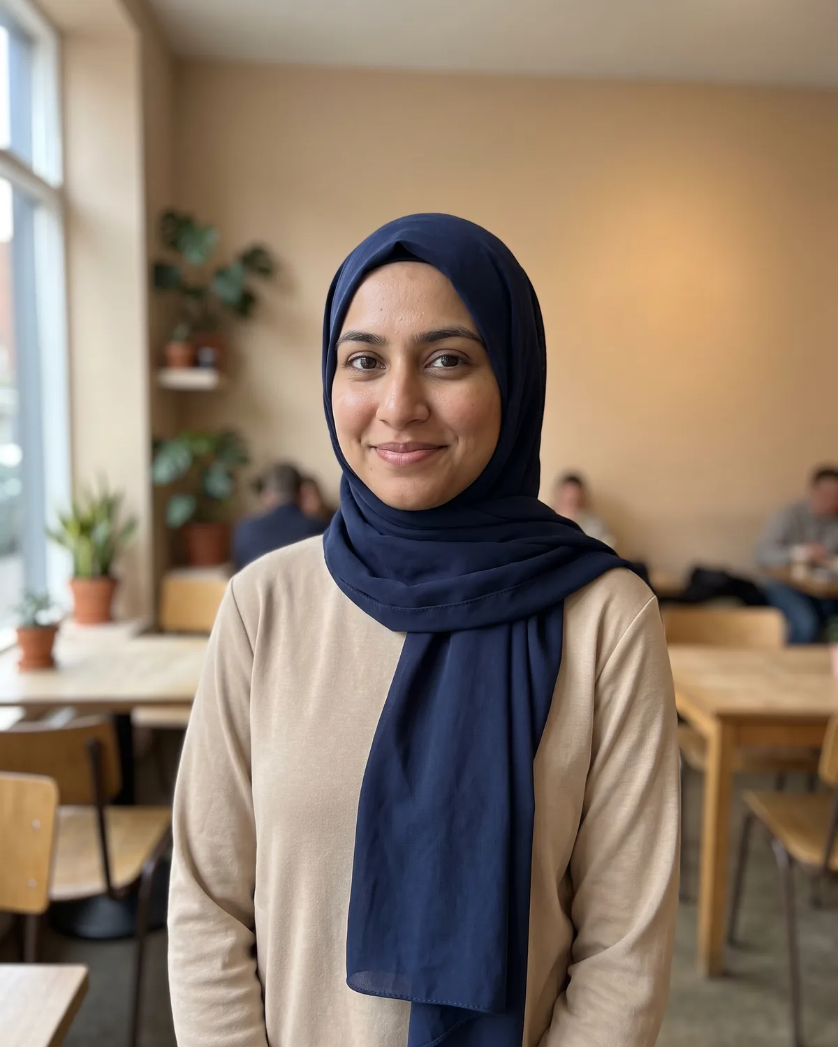 South Asian woman in a navy hijab and beige long-sleeve top, smiling in a café.