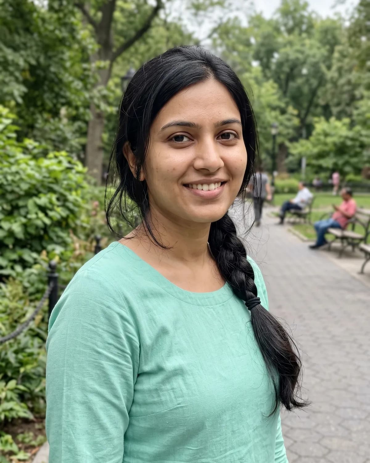 Young South Asian woman with a long dark braid in a mint-green top, smiling in a park.