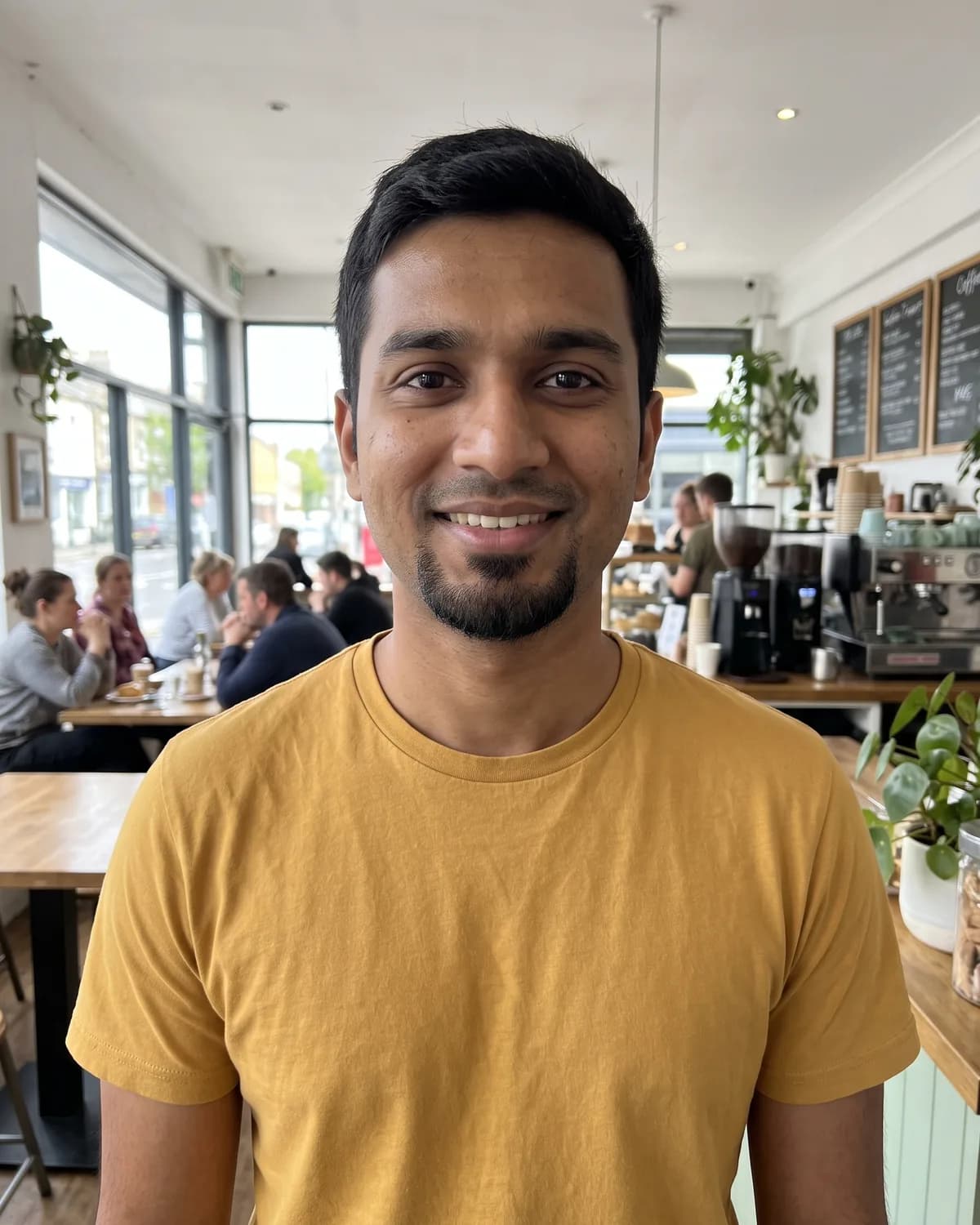 Man with a short beard in a mustard-yellow t-shirt, smiling in a bright cafe.