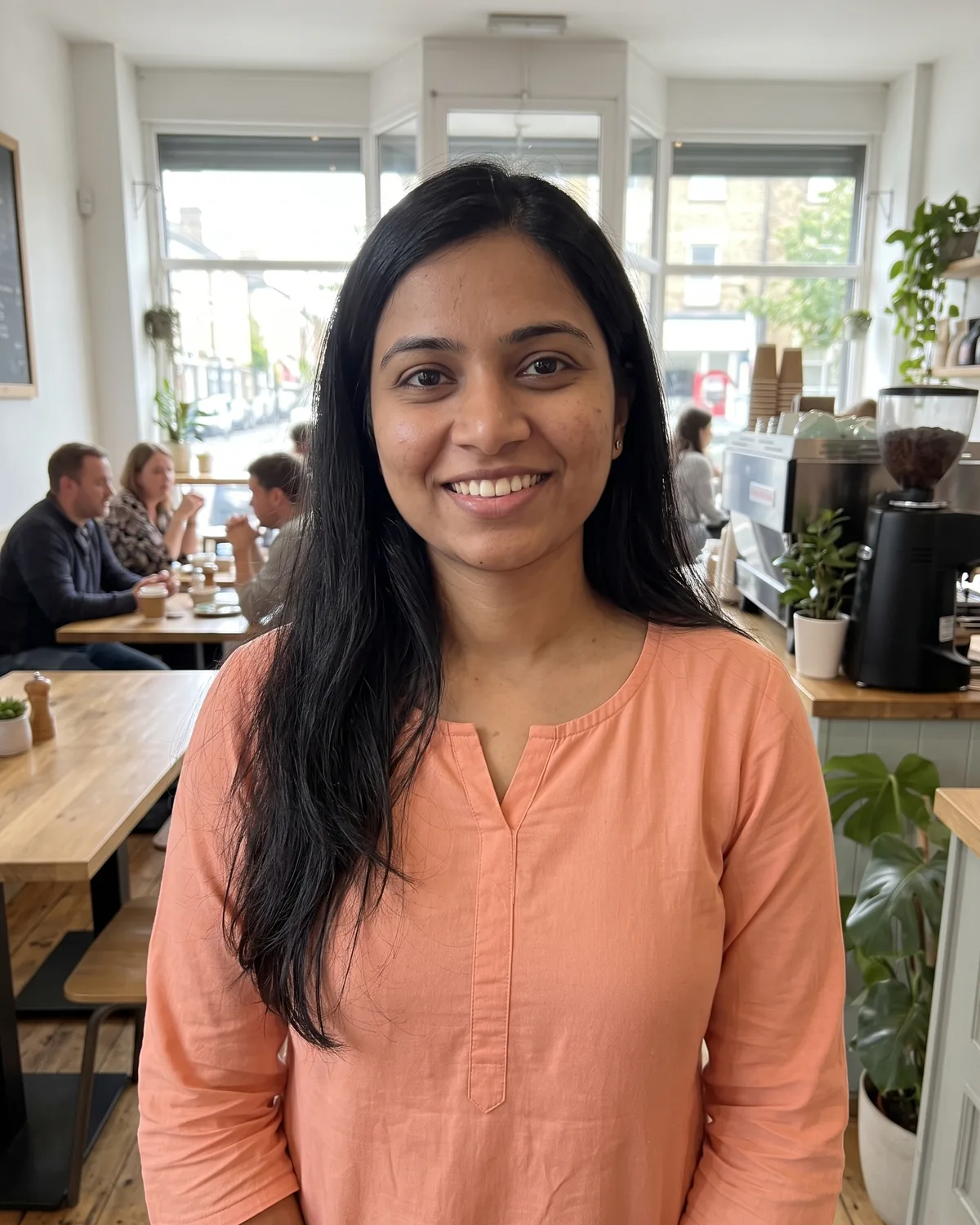 Young woman with long dark hair in a peach tunic, smiling in a bright cafe.