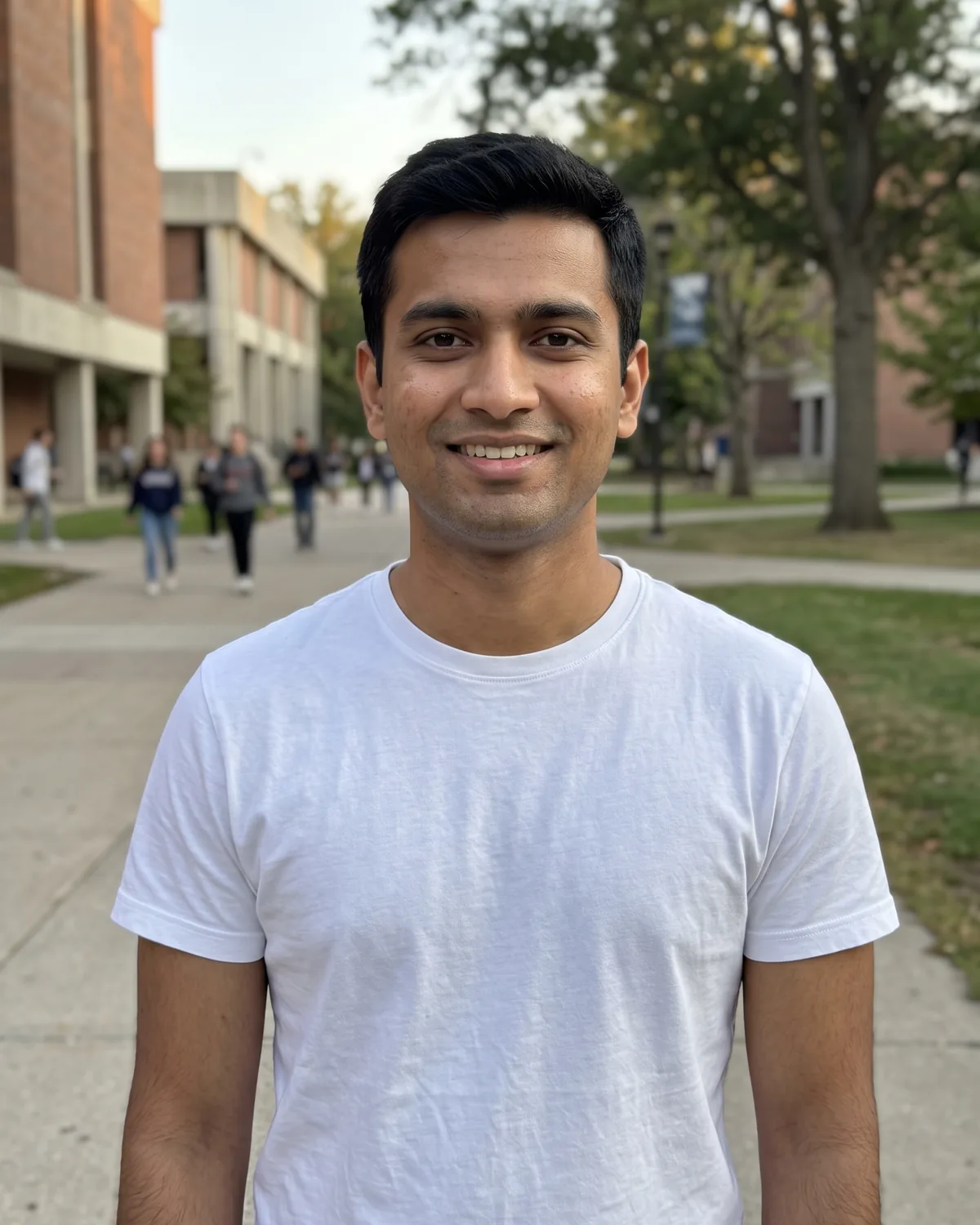 Young South Asian man with short dark hair in a white t-shirt, smiling on a campus walkway.