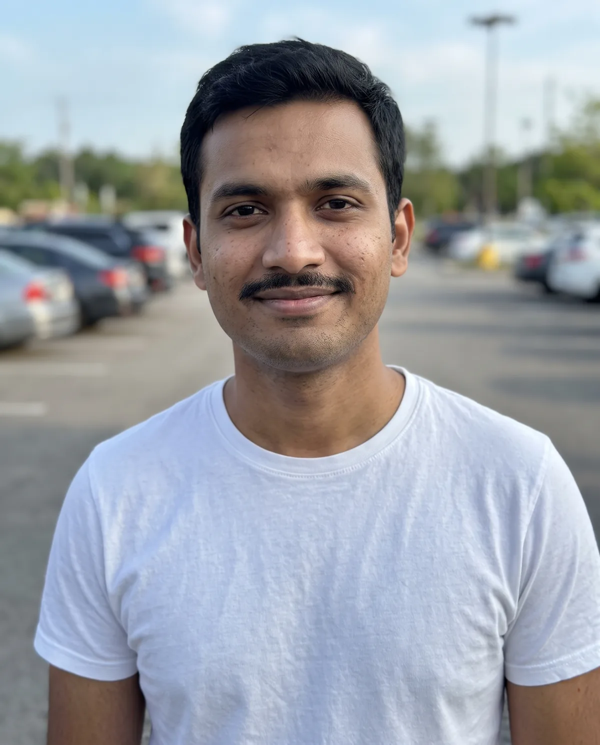 Young South Asian man with short dark hair and a mustache in a white t-shirt, in a parking lot.