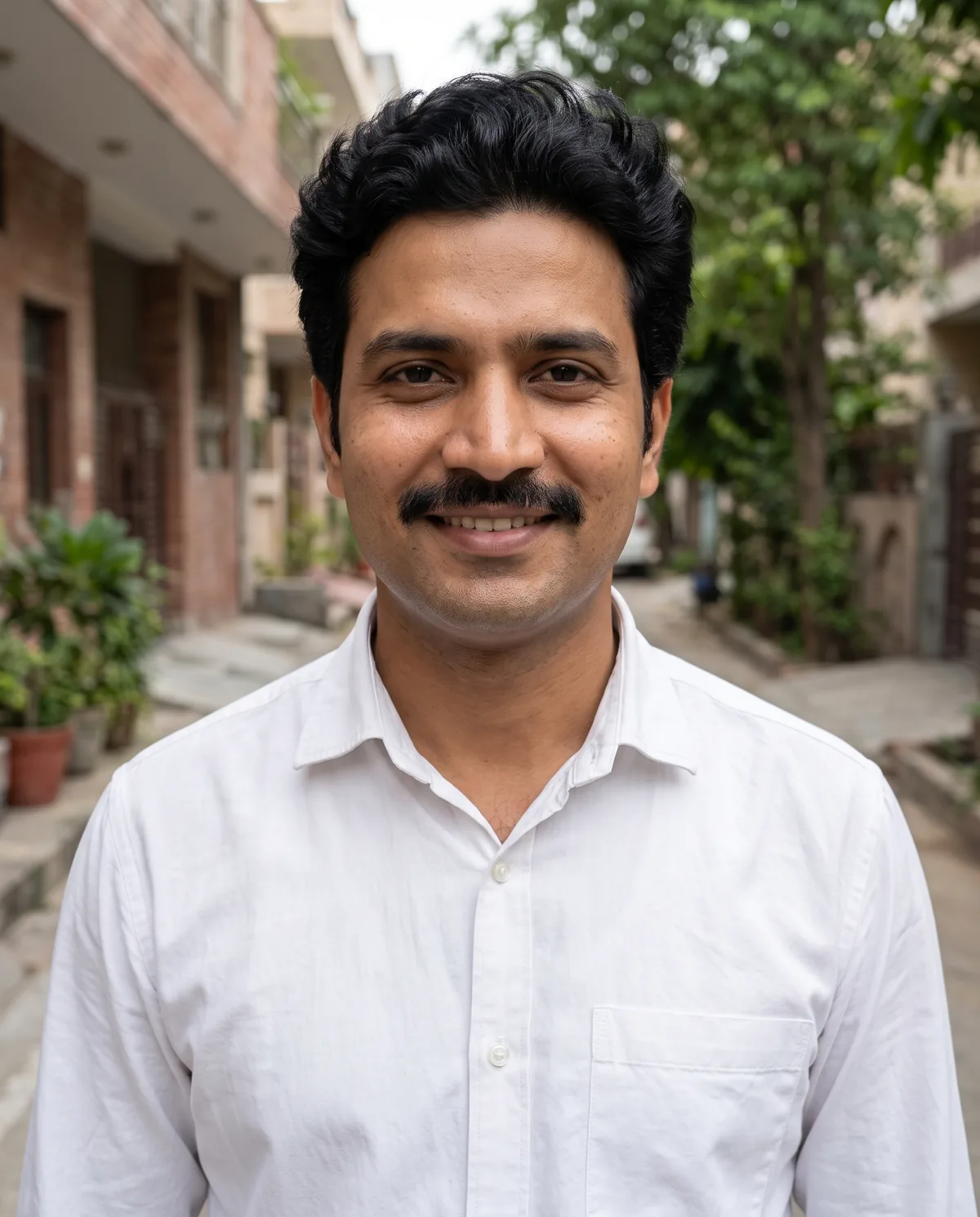 South Asian man with wavy black hair and a thick mustache in a white button shirt, smiling on a residential street.