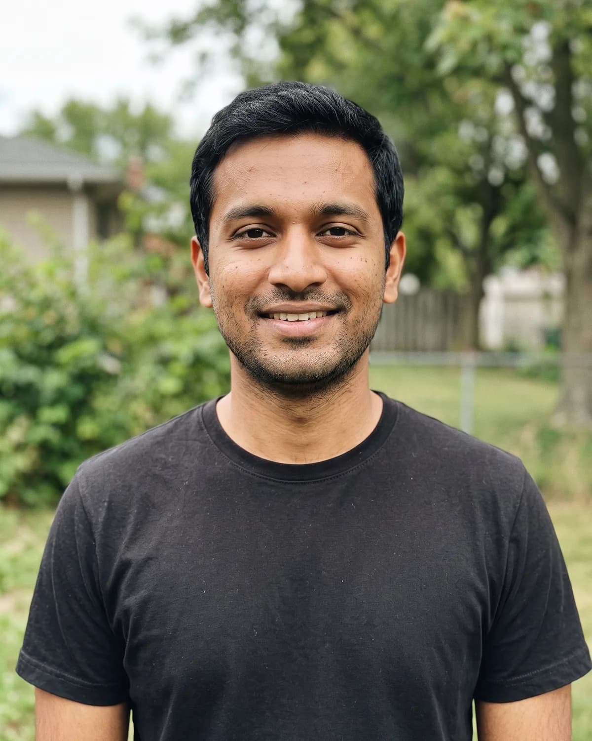 South Asian man with short black hair and light stubble in a black t-shirt, smiling outdoors.