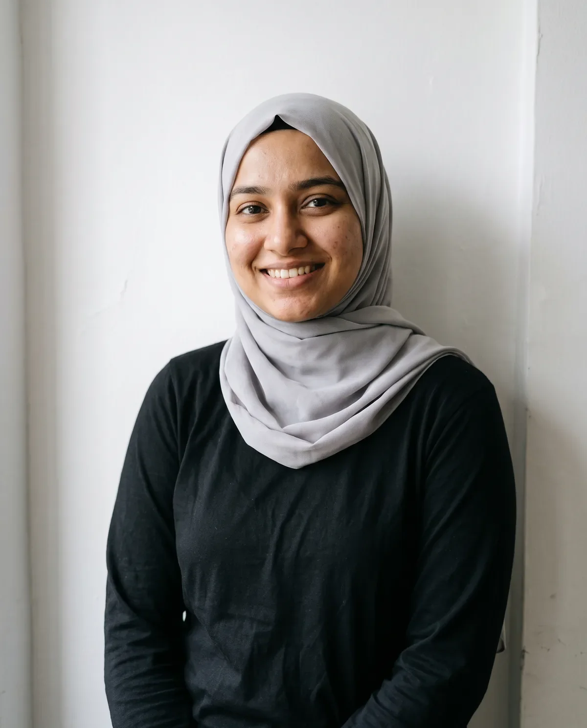 Casual portrait before an ivory-and-gold nikah dress AI edit.