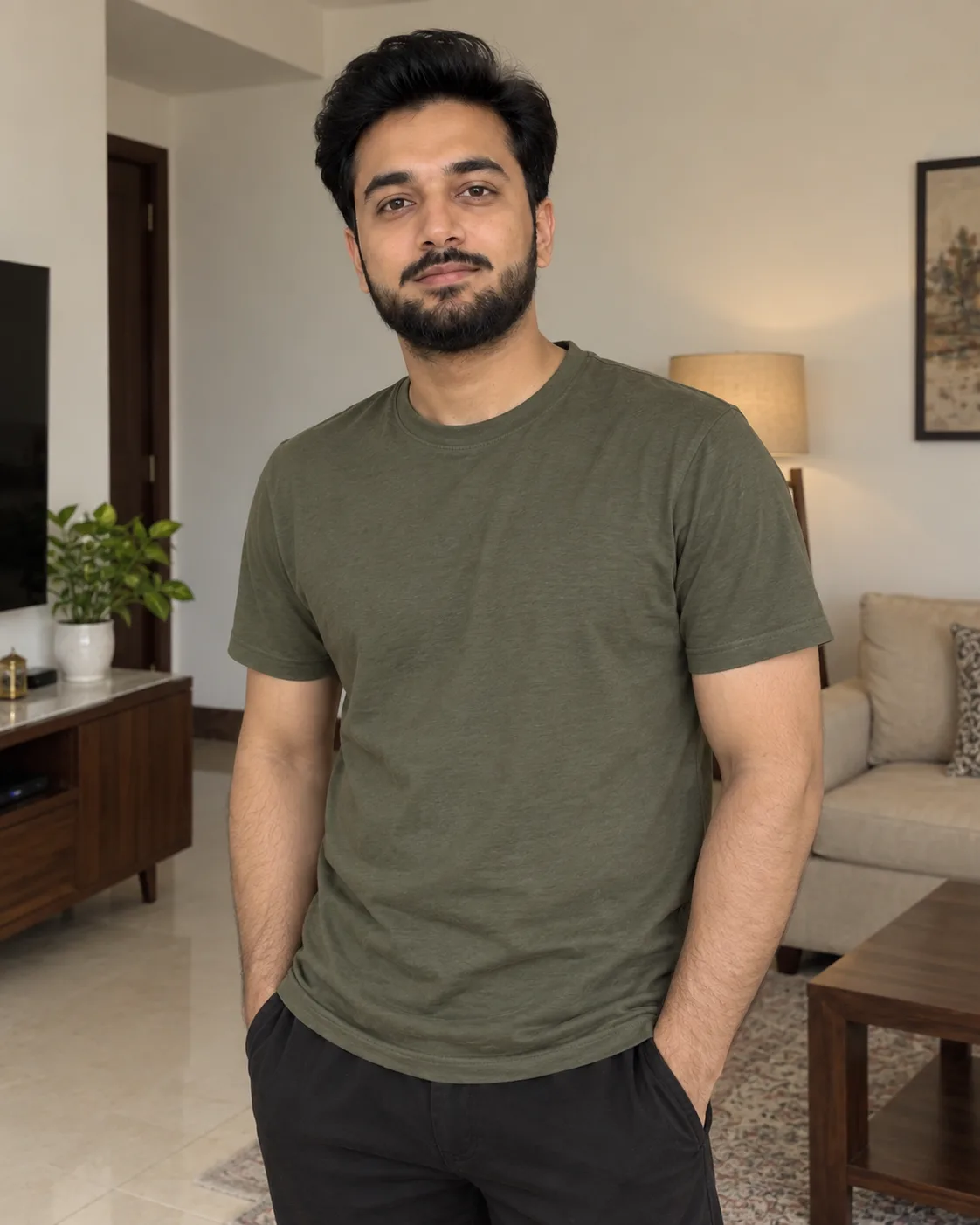 Man in a plain olive-green tee standing in a living room, an ordinary everyday photo taken at home.