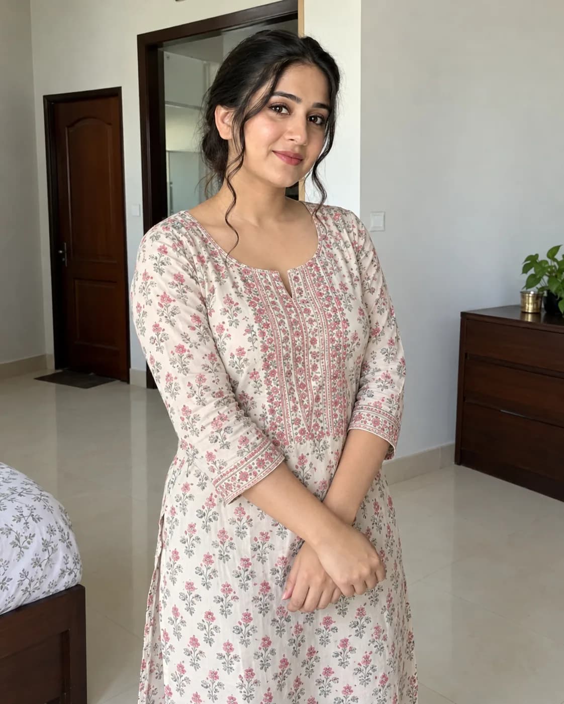 Woman in a simple light floral kurti in a home room, an ordinary everyday photo, not wedding attire.